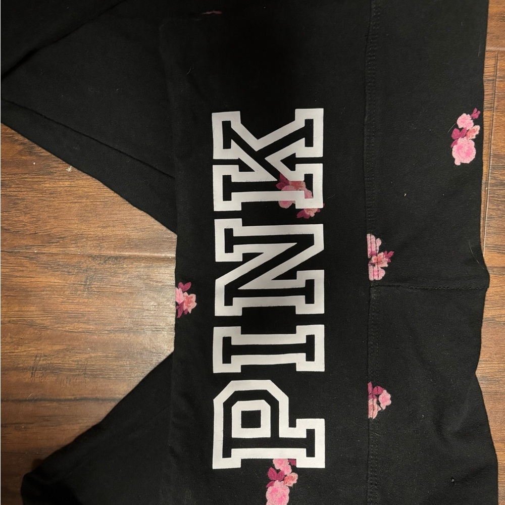 PINK Victoria's Secret Black Leggings with Pink Floral Design - Picture 2 of 3